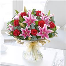 Large Red Rose and Pink Lily Hand-tied