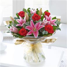 Red Rose &amp; Pink Lily Hand-tied with Chocolate Truffles